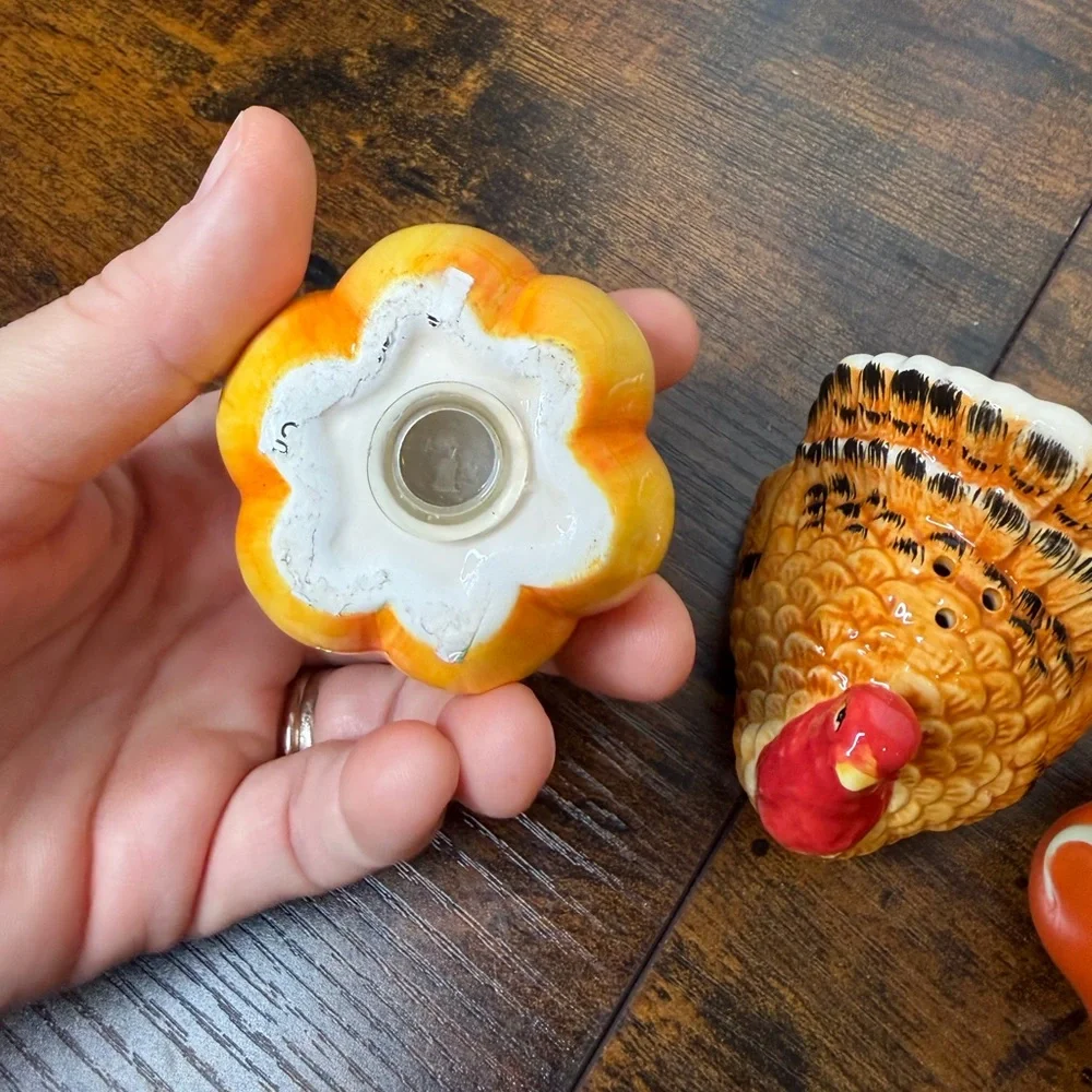 Ceramic Thanksgiving Turkey & Pumpkin Salt and Pepper Shakers - Orange Accent